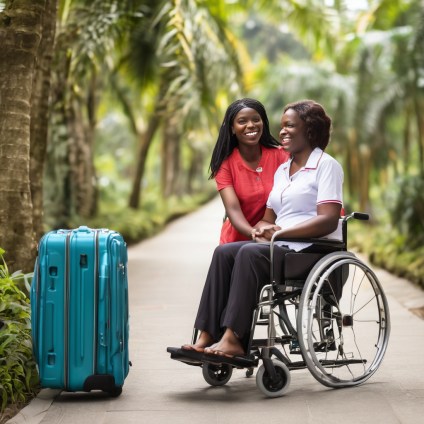 A traveler with sickle cell disease smiles while enjoying a wheelchair-accessible tour of a historical landmark.